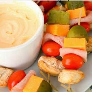 Chicken Clubhouse Bites on Skewers with Sriracha Mayo Dipping Sauce